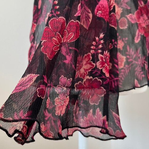 Express Women's Black Burgundy Floral Sheer Beaded Long Bell Sleeve Sz LargeTop - Picture 3 of 16